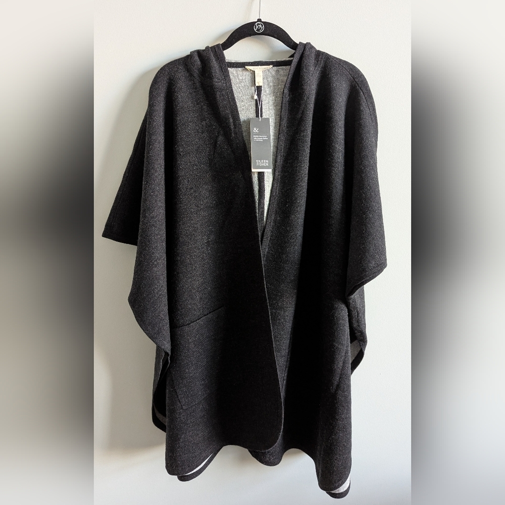 Eileen Fisher Charcoal and Light Gray Hooded Cape